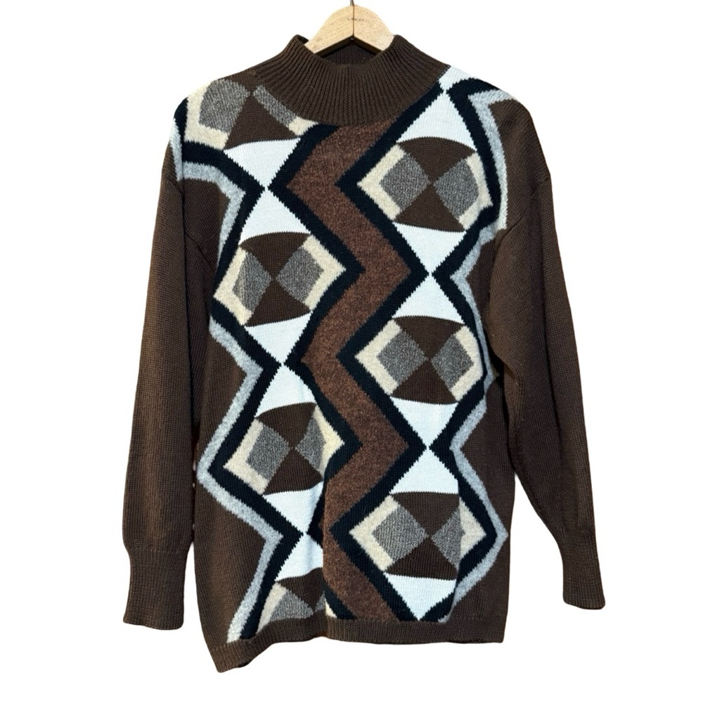 Vintage 1990s Fred Thomas Knit Argyle Abstract Mock Neck Sweater